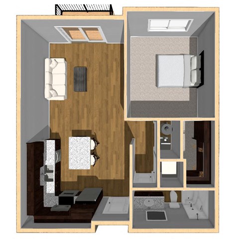 Floor plan for 1 bed, 1 bath, 753 sqft